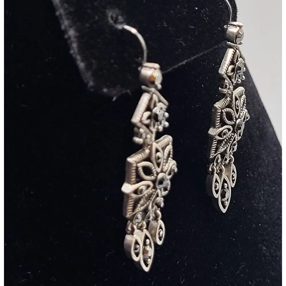 Vintage Marcasite Dangle Earrings Silver Tone Chandelier 2in